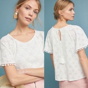 Anthropologie Eri + Ali Off White Lace Tie Back Short Sleeve Pompom Blouse